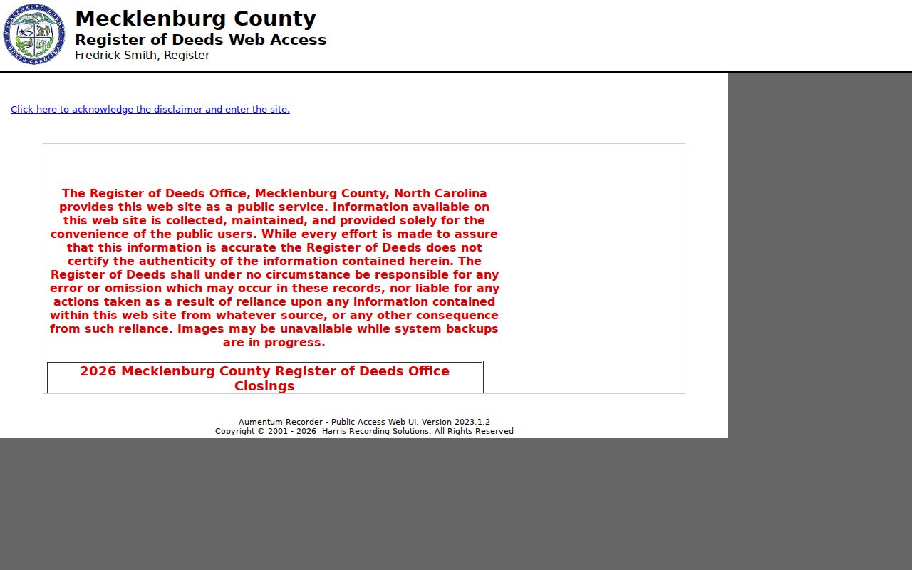 Mecklenburg County people search entry at the Register of Deeds index