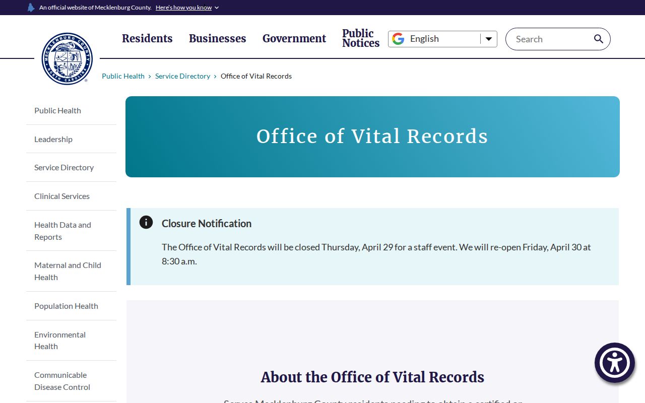 Mecklenburg County public records options for official birth and death certificates