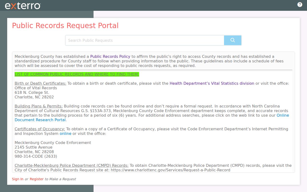 Mecklenburg County public records request portal for general county files