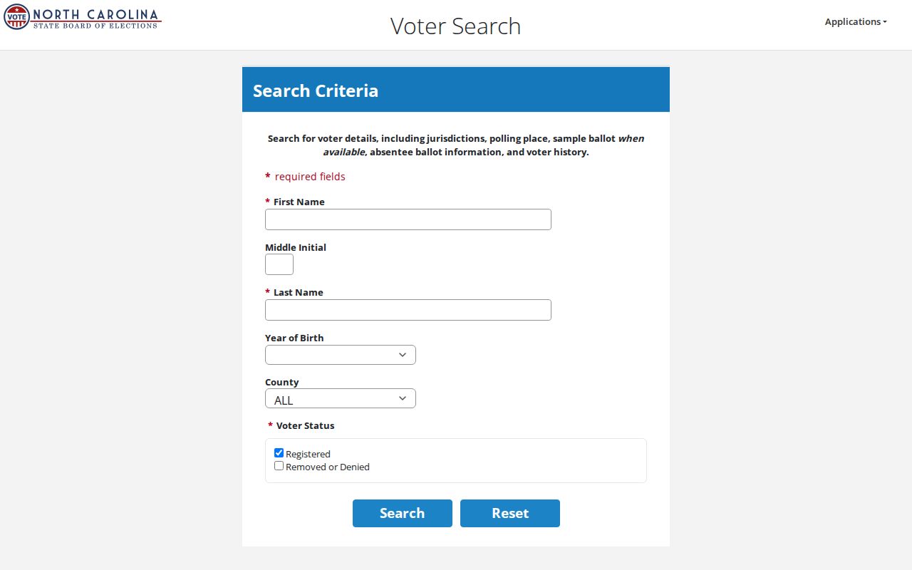 Mecklenburg County voter registration search fields in the North Carolina lookup